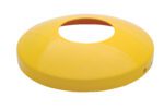 Set against a pristine white background, a yellow circular object with a central hole stands out, resembling the Vestil Protective Dome for 5.5 In Bollards, combining functionality and style like a lid or cover.
