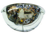 A fisheye lens view of a warehouse, similar to the Vestil Dome Mirror 180 Degree 26 Ft Distance, reveals shelves stacked with boxes, a forklift, and scattered equipment. Its wide reflection captures ceiling lights and structural details above.