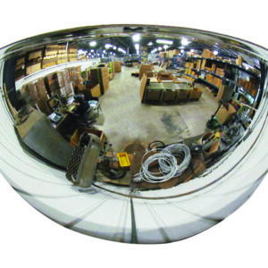 A fisheye lens view of a warehouse, similar to the Vestil Dome Mirror 180 Degree 26 Ft Distance, reveals shelves stacked with boxes, a forklift, and scattered equipment. Its wide reflection captures ceiling lights and structural details above.
