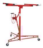 The Vestil Deluxe Drywall Panel Hoist features a sturdy frame with four caster wheels, a hand crank, and adjustable support arms, allowing it to tilt and rotate for effortless drywall ceiling installation.