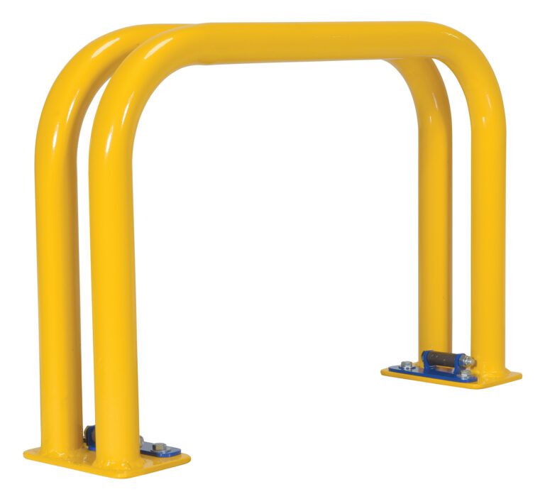 The yellow metal bike rack, with a simple design of two rounded bars anchored by four bolts on blue base plates, is perfect for outdoor bicycle security, similar to how the Vestil Dock Plate Storage Rack ensures organized safety.