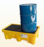 A blue metal barrel stands on a Vestil Ultra Spill Pallet Two Drum No Drain, featuring a yellow base with a black grid to catch leaks, set against a plain, light background.