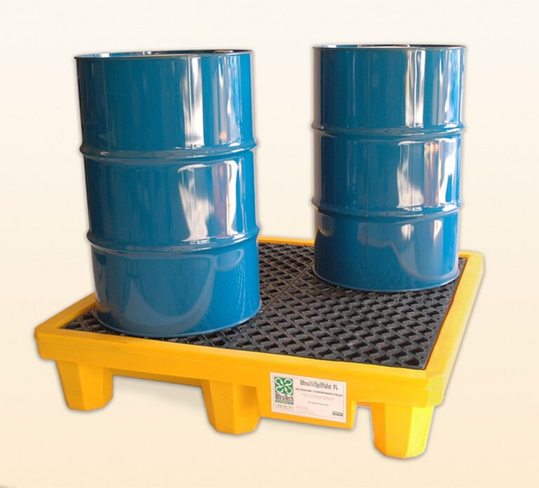 Two blue industrial barrels sit on a Vestil Ultra Spill Pallet Four Drum with Drain, featuring a yellow base and black grid surface, ensuring safety and spill prevention in industrial settings against a plain, light background.