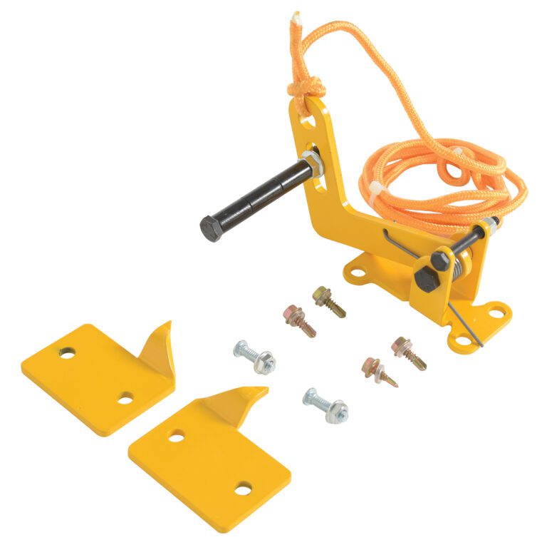 DR-LOCK_A.jpg The Vestil Automatic Overhead Door Lock consists of a yellow mechanical device with a black handle, orange rope, screws, and bolts. It includes two flat yellow metal plates, one with an upward-facing hook, against a white background.