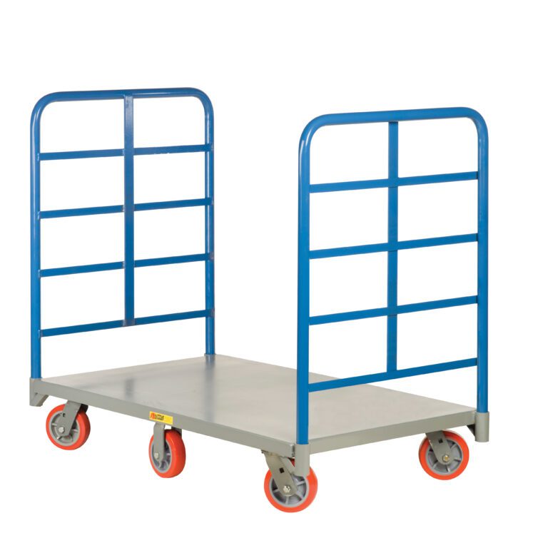The Little Giant 6-Wheel Double End Rack Platform Truck features a gray base, two vertical blue handles, and striking red swivel wheels. Its open frame structure allows for easy loading and unloading, perfect for efficiently transporting heavy items.
