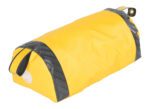 The Vestil Dock Seal Draft Blocker 24 In Length Yellow features a functional design with yellow and gray colors, a black handle and strap, waterproof material, and a cylindrical shape highlighted by two gray diagonal stripes near the opening.