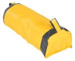 A 36-inch cylindrical duffel bag in yellow and gray, echoing the bold design of a Vestil Dock Seal Draft Blocker, stands against a white background. Featuring dual handles on each end, its durable fabric and elevated stance emphasize its robust shape and craftsmanship.