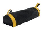 The Vestil Dock Seal Draft Blocker, a black and yellow 36-inch cylindrical sandbag with handles, is perfect for versatile workouts, blending durability and practicality with ease.