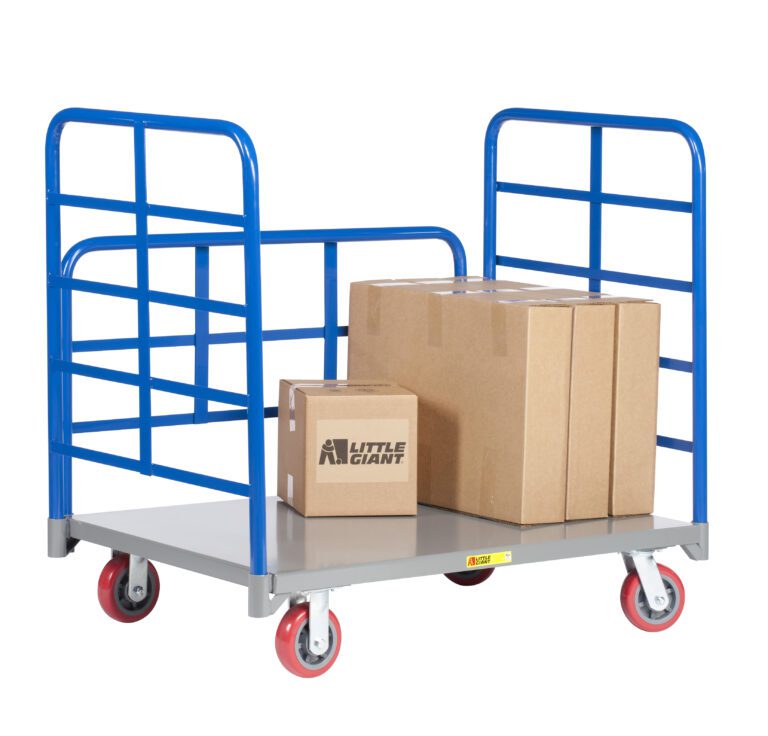 The Little Giant Double End Rack Platform Truck with Side Rack has a blue metal frame and four red caster wheels. Three cardboard boxes sit on its gray platform, one labeled Little Giant, while the side rack provides additional support.