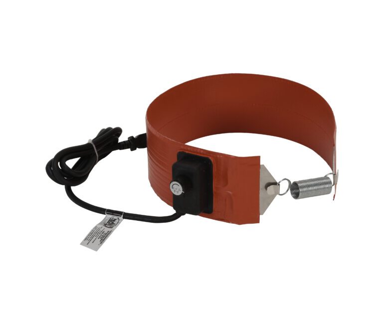 The Vestil Poly Drum Heater for 5-gallon capacity features a red silicone band with a black control box, power cord, and spring fastener for efficient heating and temperature maintenance of drum contents.