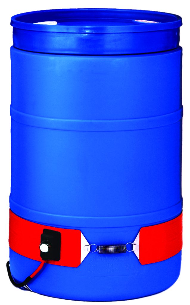 DRH-S-55-240-CA_A.jpg The Vestil CSA Steel Drum Heater, wrapped around a blue 55-gal industrial barrel, features a red strap with a black control box and visible metal tension spring. The robust 240 V system ensures efficient heating, all set against a plain white background.
