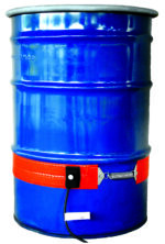 A blue shiny metal barrel with an orange band, a black control box, and a draping cable resembles the Vestil Steel Drum Heater 55 Gallon 240 V and is topped with a silver rim.