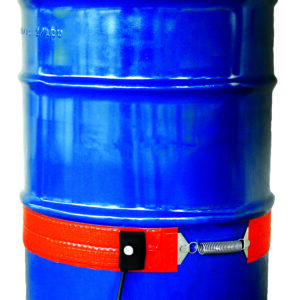 A blue shiny metal barrel with an orange band, a black control box, and a draping cable resembles the Vestil Steel Drum Heater 55 Gallon 240 V and is topped with a silver rim.