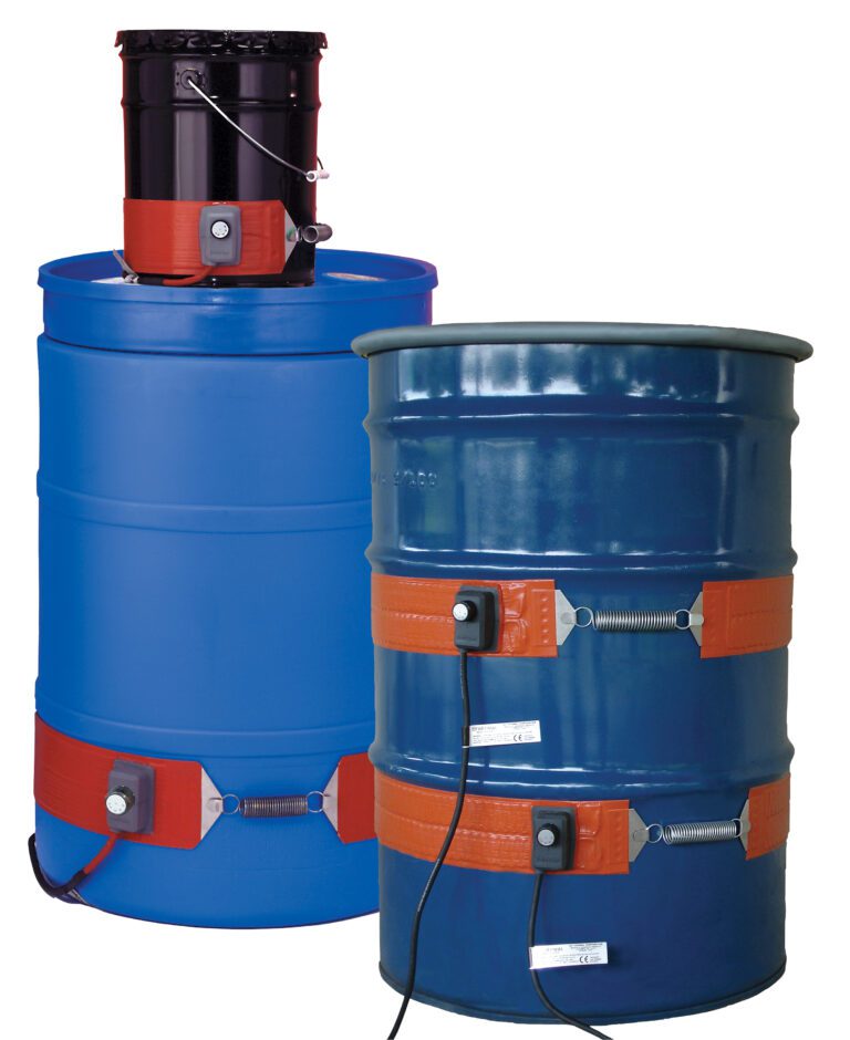 DRH-S-55_A.jpg Two large blue industrial barrels have orange Vestil Steel Drum Heaters designed for 55-gallon drums at 120 V, with one visible black cable. An extra barrel lid heater sits on top of the rear barrel.