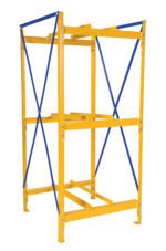 The Vestil Horizontal Drum Storage Rack 1W X 3H features a tall yellow metal frame with blue crossbars and diagonal supports, resembling an industrial shelving unit.