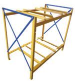 The Vestil Horizontal Drum Storage Rack 2W X 2H is a durable rectangular metal frame with a yellow base, complemented by blue diagonal crossbars and multiple yellow horizontal bars on the top and bottom, providing robust support for heavy items.