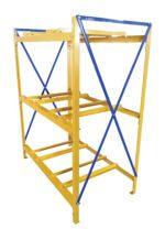 A metal storage rack with three tiers, a yellow frame, and blue crossbars for support, similar to the Vestil Horizontal Drum Storage Rack 2W X 3H. Its empty but designed for holding pallets or industrial items.