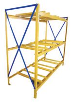 The Vestil Horizontal Drum Storage Rack 3W X 3H is yellow with blue diagonal braces, featuring three levels in an open frame design, perfect for heavy item storage in warehouses or storage facilities.
