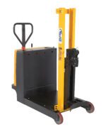 The Vestil Counter Balanced Single Drum Stacker 12V, designed for warehouses, efficiently moves pallets and materials. It features a yellow and black powered walkie stacker forklift with a handle, three red wheels, and a counter-balanced mechanism for enhanced drum stacking.