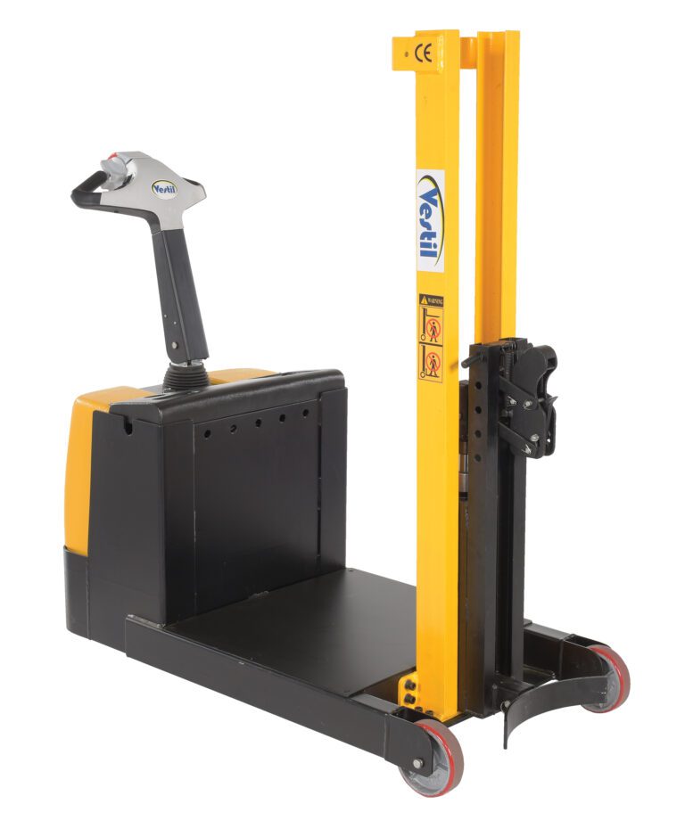 DRLT-CB-54-PDPL_A.jpg The Vestil Counter Balanced Single Drum Stacker 24V in yellow and black features wheels for visibility and a control handle, while the mast displays the brand name and safety labels, ensuring easy and safe pallet lifting and transporting.