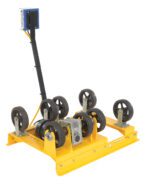 The yellow machine component resembles a Vestil Drum Roller Mixer with black wheels and a vertical arm, mounted on a base. Its ideal for Horiz Ac 30/55 Gal 1000# Cap applications.