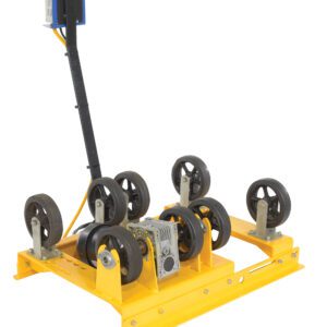 The yellow machine component resembles a Vestil Drum Roller Mixer with black wheels and a vertical arm, mounted on a base. Its ideal for Horiz Ac 30/55 Gal 1000# Cap applications.