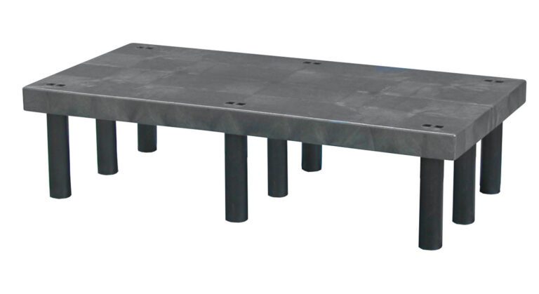 The Vestil Dunnage Rack Solid Top - 48 X 24 is a gray, rectangular plate with eight cylindrical legs, offering stability. Its smooth solid surface is perfect for precise measurements in industrial or laboratory environments.