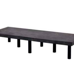A minimalist black bench, inspired by the Vestil Dunnage Rack Solid Top - 66 X 24 design, features a concrete rectangular seat and six metal legs. Its modern style and strong build provide a smooth surface, ideal for contemporary spaces.