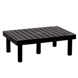 The Vestil Dunnage Rack Vented Top - 36 X 24 has a slotted black plastic surface with six cylindrical legs, ideal for organizing or elevating items above a surface.