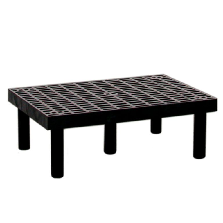 The Vestil Dunnage Rack Vented Top - 36 X 24 has a slotted black plastic surface with six cylindrical legs, ideal for organizing or elevating items above a surface.