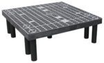 The Vestil Dunnage Rack Vented Top - 36 X 36 is designed with a metal grid surface and vented top, set on four sturdy black legs with circular reinforcements, offering durability and efficiency for transporting goods.