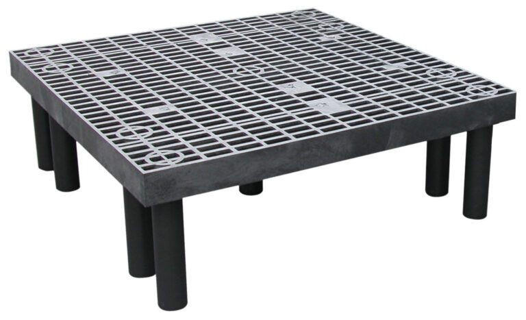 The Vestil Dunnage Rack Vented Top - 36 X 36 is designed with a metal grid surface and vented top, set on four sturdy black legs with circular reinforcements, offering durability and efficiency for transporting goods.