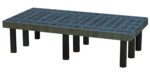 A sleek black metal bench with a perforated rectangular top, similar to the Vestil Dunnage Rack Vented Top - 48 X 24, stands on eight cylindrical legs and features a pattern of small rectangles and holes for both design and function.