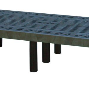 A sleek black metal bench with a perforated rectangular top, similar to the Vestil Dunnage Rack Vented Top - 48 X 24, stands on eight cylindrical legs and features a pattern of small rectangles and holes for both design and function.