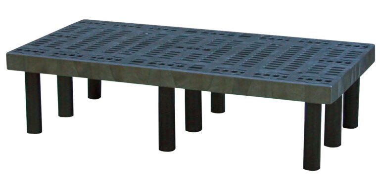 DRP-V-4824_A.jpg A sleek black metal bench with a perforated rectangular top, similar to the Vestil Dunnage Rack Vented Top - 48 X 24, stands on eight cylindrical legs and features a pattern of small rectangles and holes for both design and function.