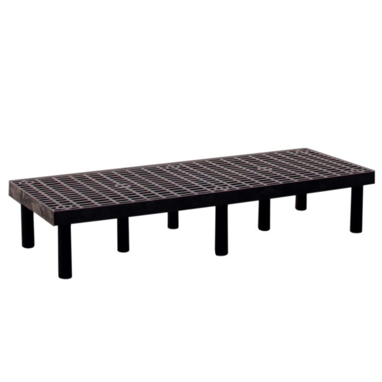 DRP-V-6624_A.jpg The black metal bed frame, with a grid-like design similar to the Vestil Dunnage Rack Vented Top - 66 X 24, features sturdy cylindrical legs for robust support, making it a minimalist and stylish choice for modern bedrooms.