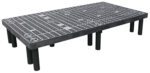The black Vestil Dunnage Rack Vented Top - 66 X 36 has a metal grid surface and cylindrical legs with an elegantly designed grid featuring circular patterns at regular intervals.