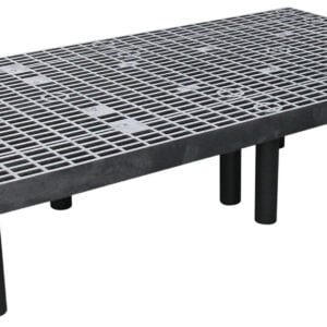 The black Vestil Dunnage Rack Vented Top - 66 X 36 has a metal grid surface and cylindrical legs with an elegantly designed grid featuring circular patterns at regular intervals.