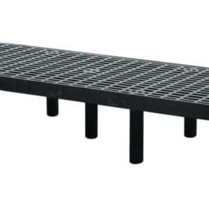 The Vestil Dunnage Rack Vented Top - 96 X 24 is a black plastic drainage channel with a grated surface and multiple support legs, perfect for water management or drainage tasks due to its elevated, rectangular design.