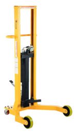 The yellow manual pallet stacker with a black handle and two wheels is ideal for lifting and moving pallets. It features a hydraulic lifting mechanism and sturdy frame, ensuring easy maneuverability in warehouse tasks. Its perfect for handling the Vestil Portable Drum Jack Steel 55 Gallon Drum too.