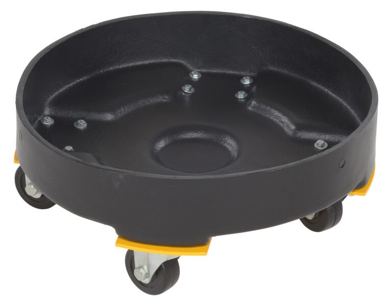 DRUM-DP-HD-30-BK_A.jpg The Vestil Drum Dolly Hd Poly Black 30 Gallon is a round plastic plant caddy with four swivel caster wheels, featuring a solid base with recessed areas and visible screws for stability.