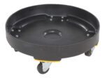 The Vestil Drum Dolly HD Poly Black is a round plastic dolly with metal casters, raised rim, and secure screws for seamless transport of 55-gallon drums.