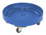 The Vestil Drum Dolly HD Poly Blue 55 Gallon is a circular plastic dolly designed for easy transport of 55-gallon barrels, featuring four black caster wheels and visible metal screws inside for efficient movement of round containers.