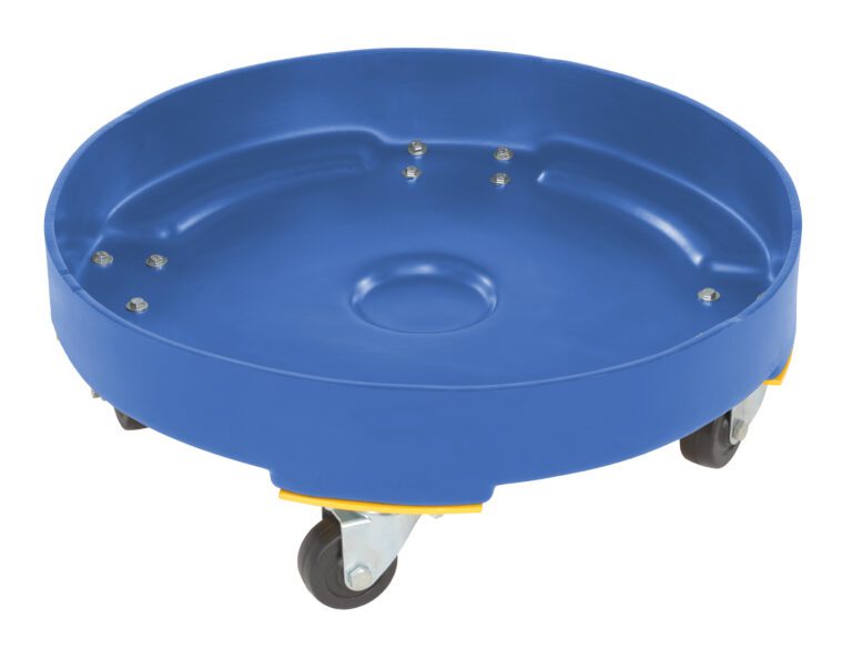 DRUM-DP-HD-55-BU_A.jpg The Vestil Drum Dolly HD Poly Blue 55 Gallon is a circular plastic dolly designed for easy transport of 55-gallon barrels, featuring four black caster wheels and visible metal screws inside for efficient movement of round containers.