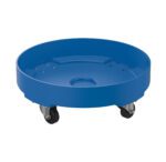 The Vestil Drum Dolly LD Poly Blue 55 Gallon features a round base and four black caster wheels, designed to effortlessly support and transport 55-gallon containers.