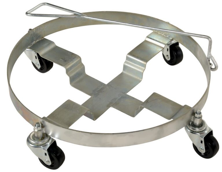 DRUM-DRH-HR_A.jpg The Vestil Drum Dolly Round with Handle 1K Capacity features a sturdy metal frame, four caster wheels, and a central crossbar, making it ideal for easily transporting and maneuvering barrels or drums.