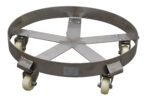 The Vestil Stainless Steel Drum Dolly 5 Spoke includes a circular frame with five caster wheels, sturdy crossbars for support, and off-white wheels that glide smoothly. It features a sleek, shiny metal finish.
