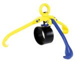 The Vestil Secure Overhead Drum Lifter 2200 Lb Cap features a yellow body and blue securing arm, with a central black circular grip and top attachment loop for easy overhead lifting of up to 2200 lbs.