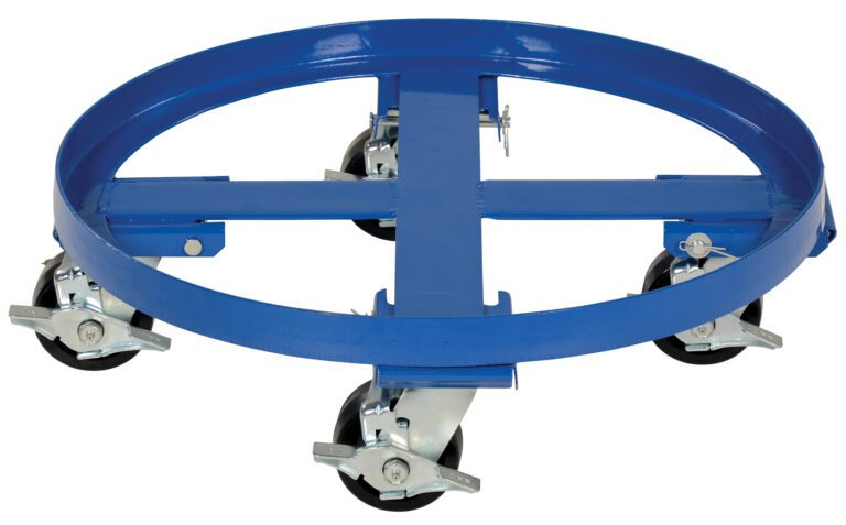 DRUM-HD_A.jpg The Vestil Heavy Duty Drum Dolly 2K Capacity boasts a blue metal design, four swivel casters with locks, and a circular frame with support crossbars for easy movement of heavy drums or containers, ensuring durability and efficiency.