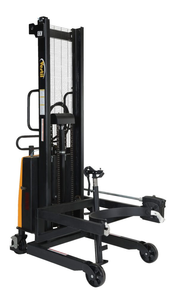 Introducing the versatile electric stacker with an extended lifting mechanism and adjustable forks, ideal for pallets. Featuring a striking yellow and black design with wheels for mobility, it resembles the Vestil Air Power Drum Lifter/Rotator/Transport.